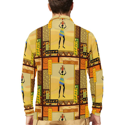 African Girl Design Long Sleeve Polo Shirt For Men's