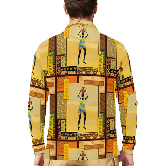 African Girl Design Long Sleeve Polo Shirt For Men's