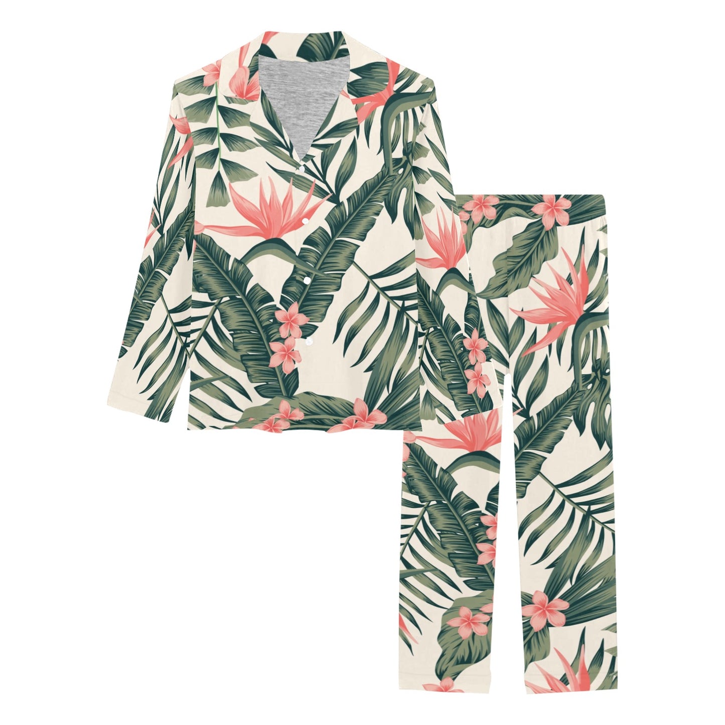 Tropical Flower Palm Leaves Women's Long Pajama Set