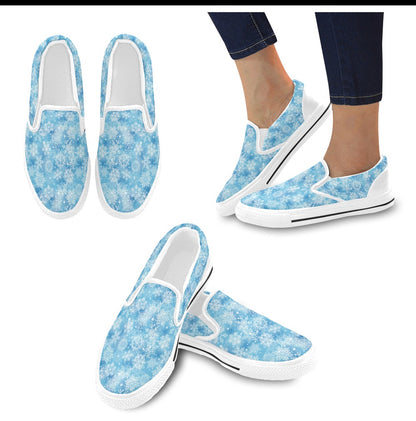 Snowflake Blue Print Design LKS301 White Slip Ons Canvas Women's Shoes