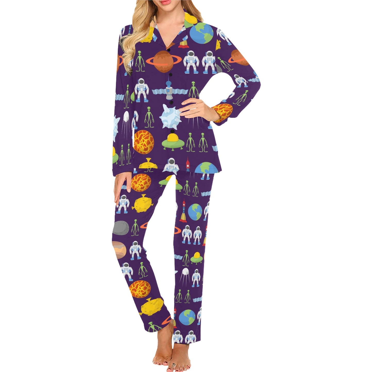 Alien Astronaut Planet Women's Long Pajama Set