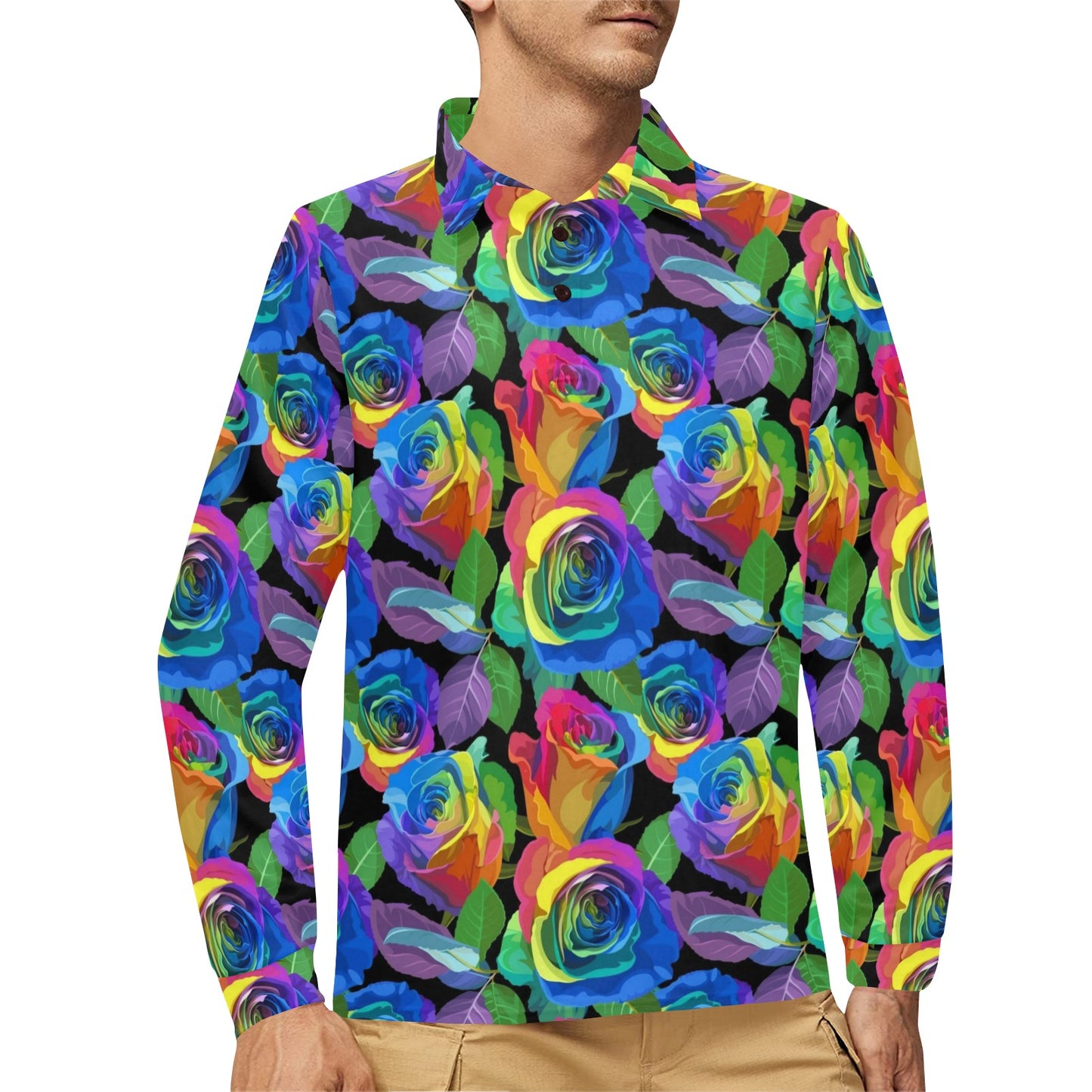 Rose Pattern Print Design RO02 Long Sleeve Polo Shirt For Men's