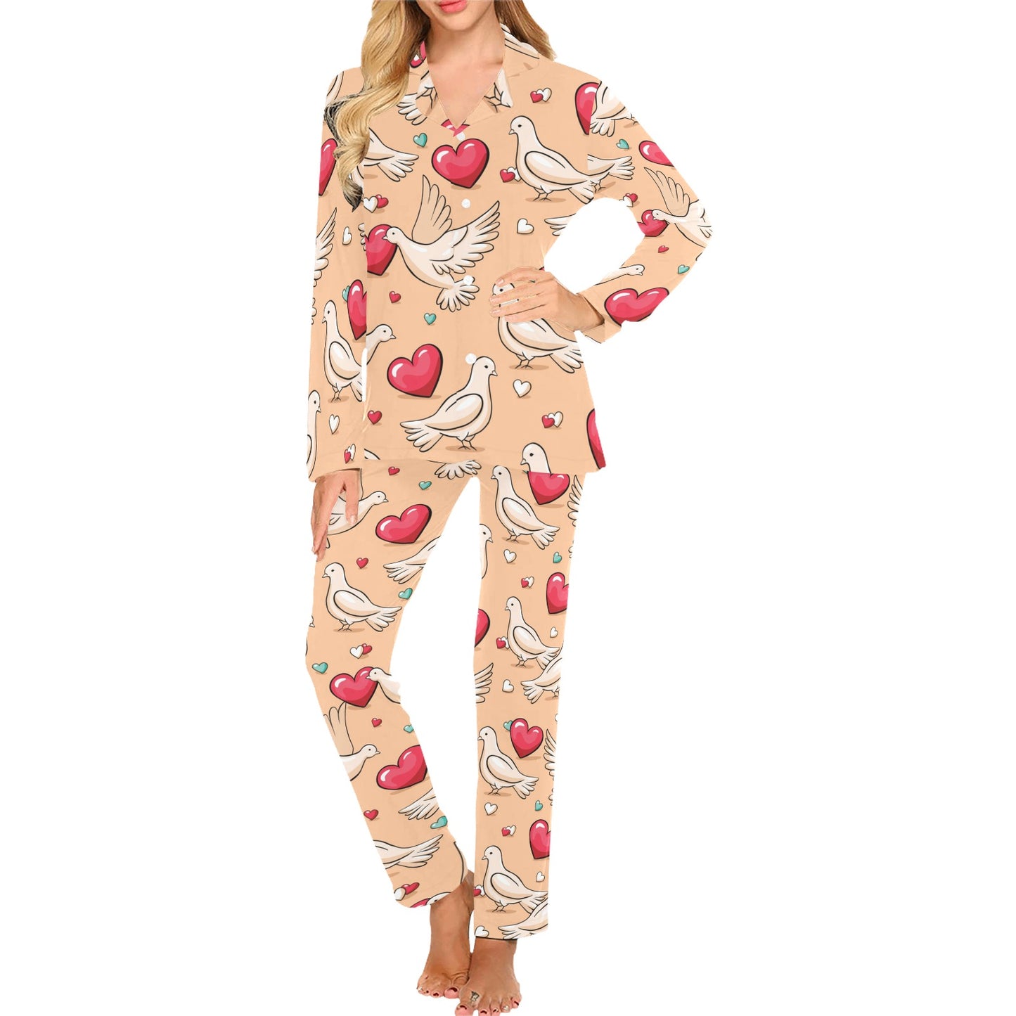 Pigeon Heart Pattern Print Design 04 Women's Long Pajama Set