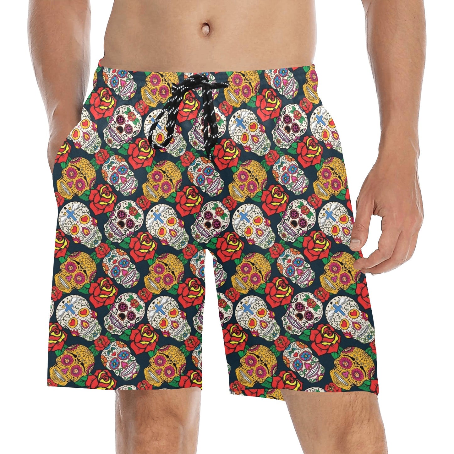 Sugar Skull Print Design LKS306 Men's Swim Trunks Beach Shorts