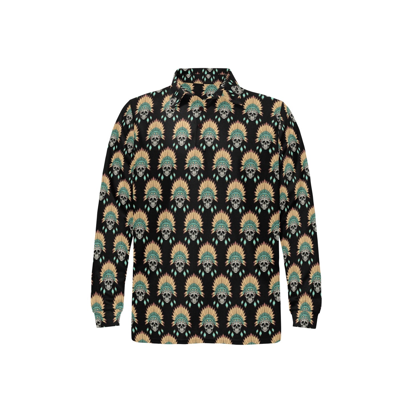 American indian Skull Pattern Long Sleeve Polo Shirt For Men's