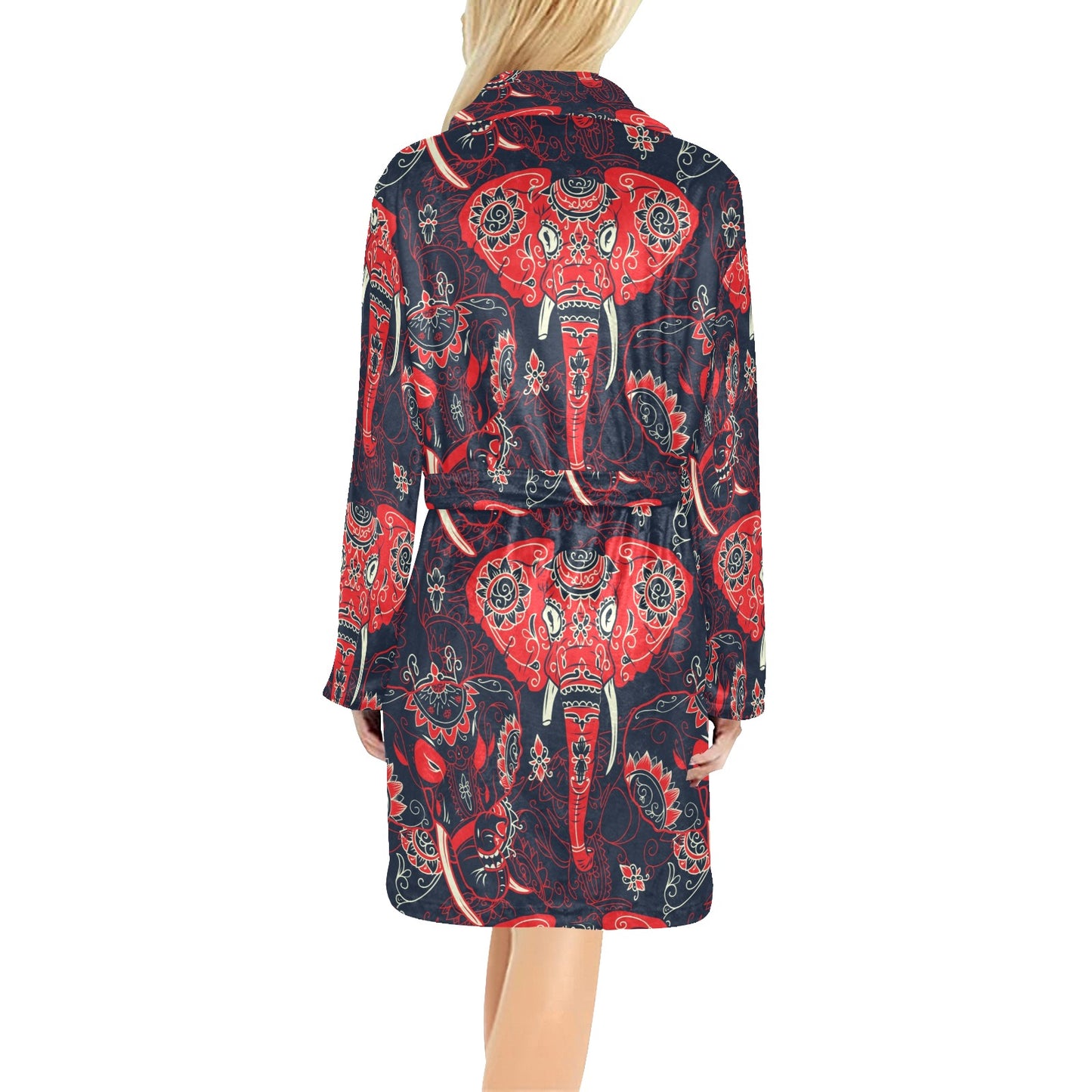 Red Indian Elephant Pattern Women's Fleece Robe