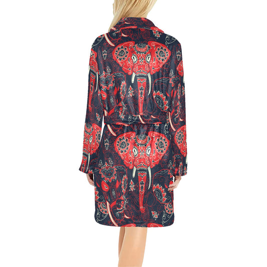 Red Indian Elephant Pattern Women's Fleece Robe