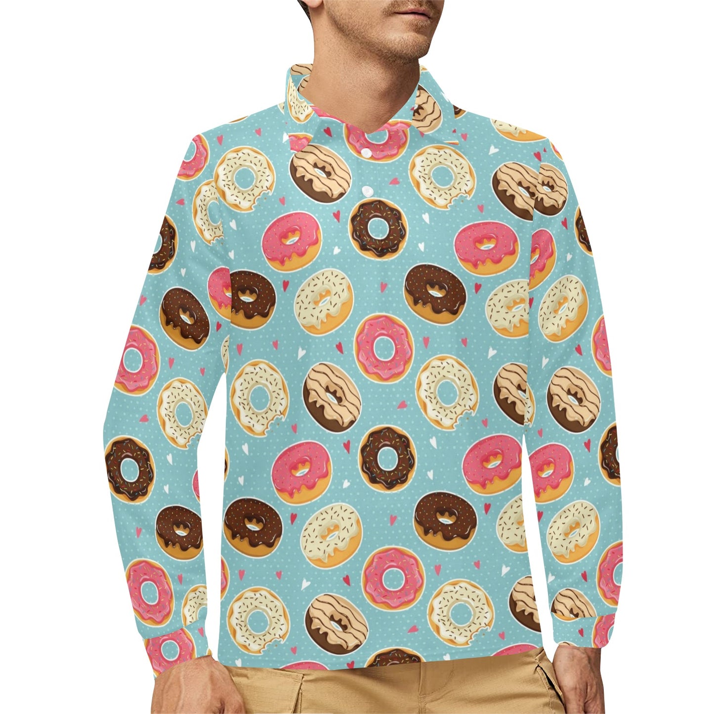Donut Pattern Print Design DN04 Long Sleeve Polo Shirt For Men's