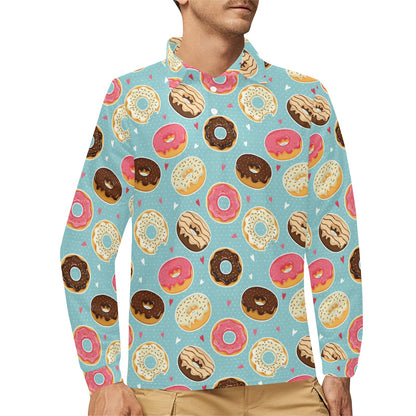 Donut Pattern Print Design DN04 Long Sleeve Polo Shirt For Men's