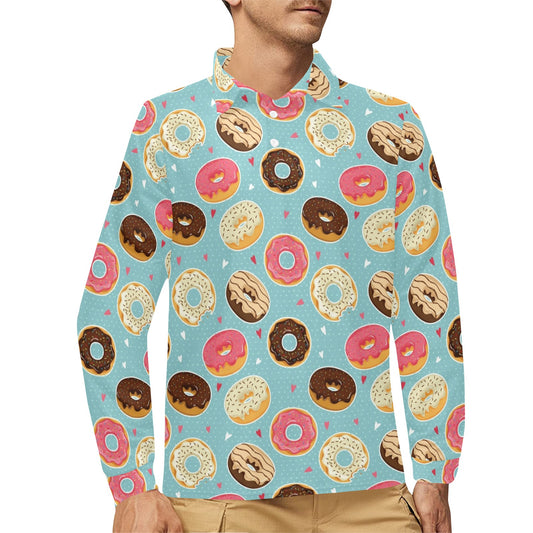 Donut Pattern Print Design DN04 Long Sleeve Polo Shirt For Men's