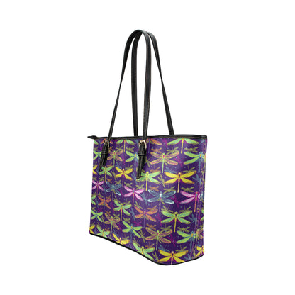 Dragonfly Neon Color Print Pattern Leather Tote Bag