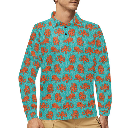 Octopus Cartoon Design Print Themed Long Sleeve Polo Shirt For Men's