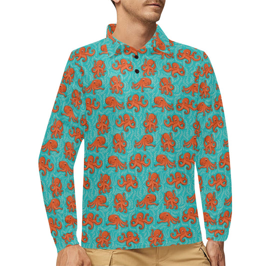 Octopus Cartoon Design Print Themed Long Sleeve Polo Shirt For Men's