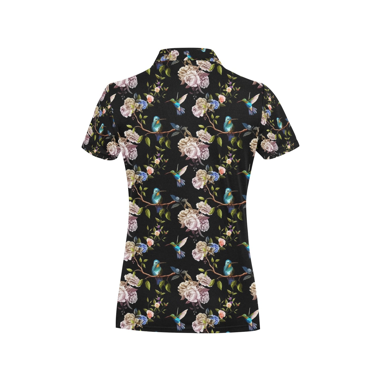 Hummingbird Flower Themed Print Women's Polo Shirt