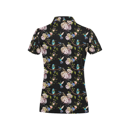 Hummingbird Flower Themed Print Women's Polo Shirt