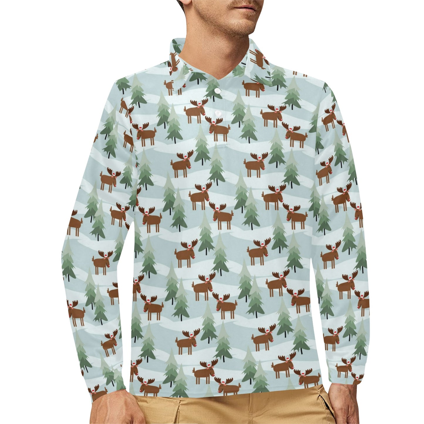 Moose Print Design LKS402 Long Sleeve Polo Shirt For Men's