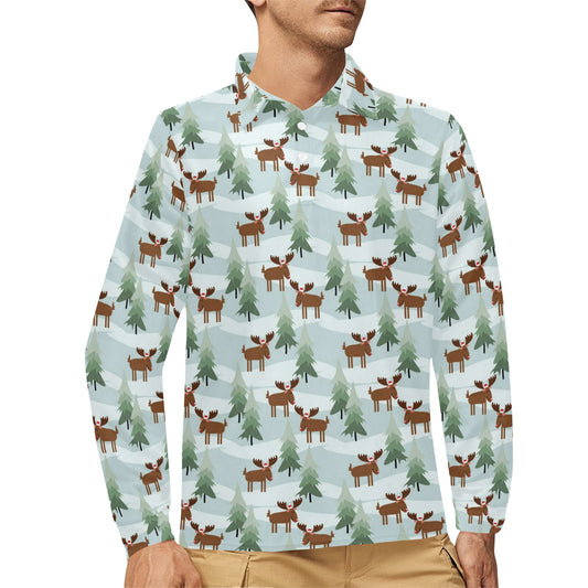 Moose Print Design LKS402 Long Sleeve Polo Shirt For Men's