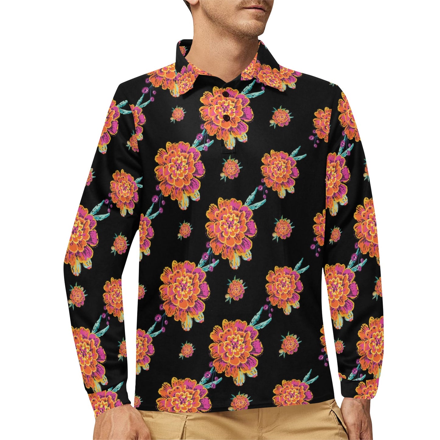 Marigold Pattern Print Design 01 Long Sleeve Polo Shirt For Men's