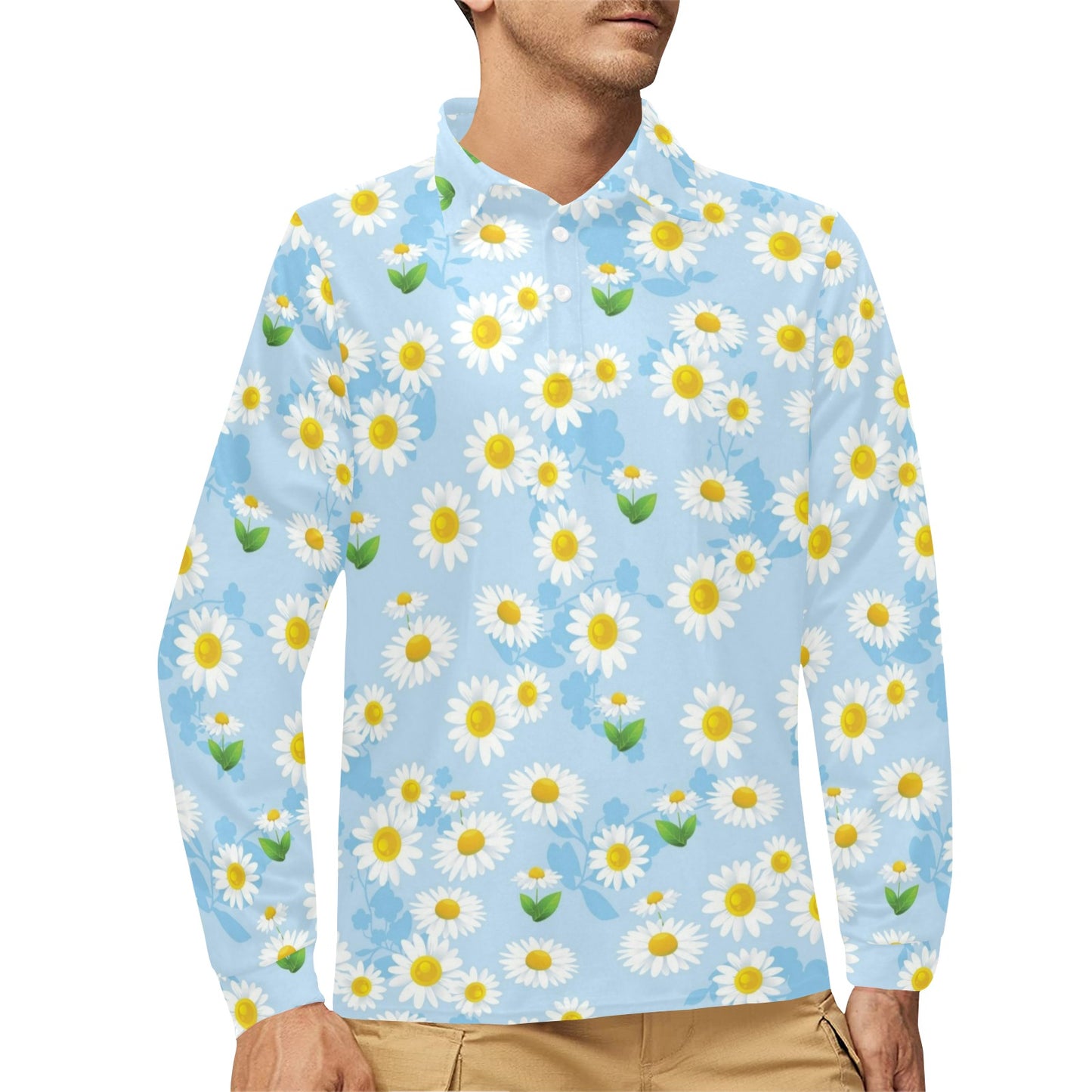 Daisy Pattern Print Design DS010 Long Sleeve Polo Shirt For Men's