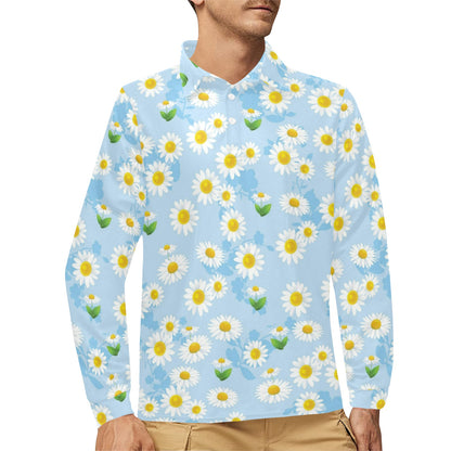 Daisy Pattern Print Design DS010 Long Sleeve Polo Shirt For Men's
