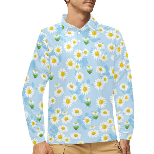 Daisy Pattern Print Design DS010 Long Sleeve Polo Shirt For Men's