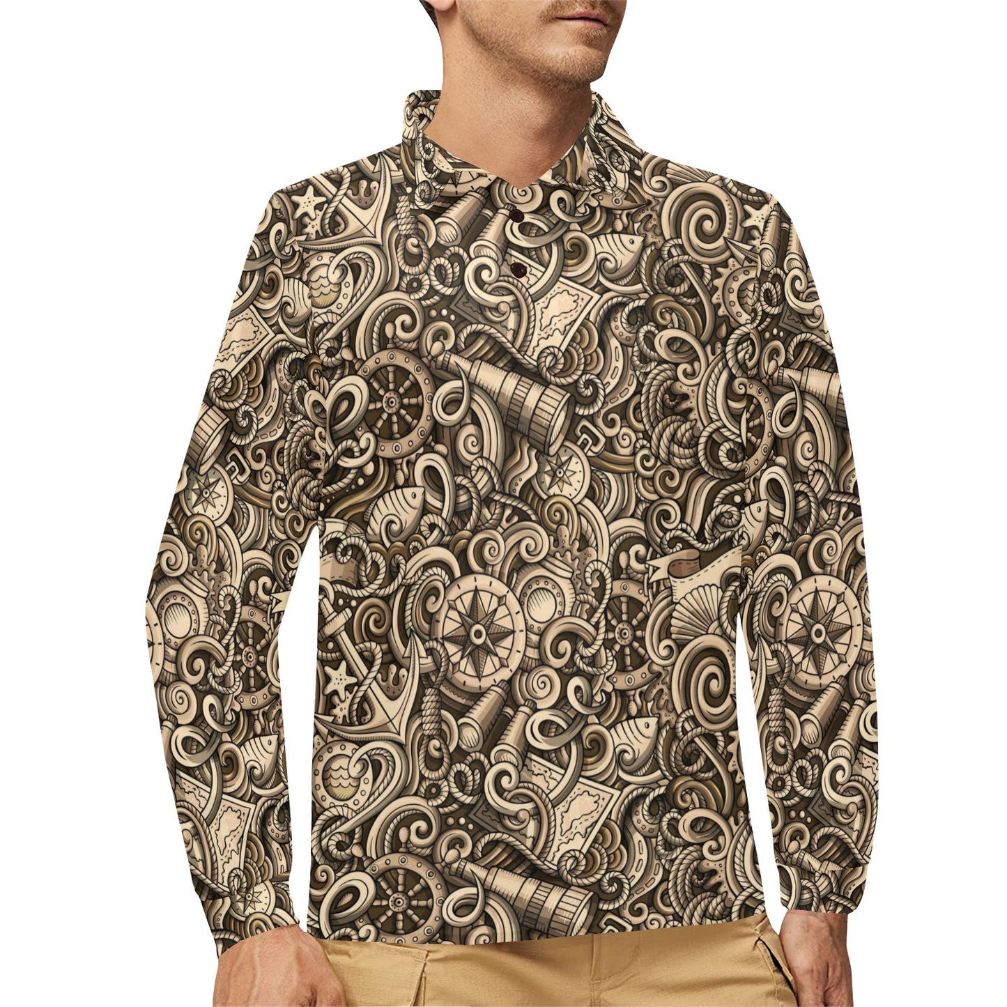 Nautical Tattoo Design Themed Print Long Sleeve Polo Shirt For Men's