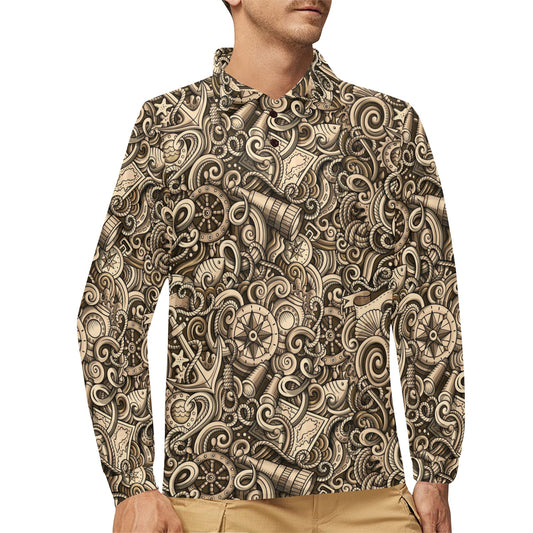 Nautical Tattoo Design Themed Print Long Sleeve Polo Shirt For Men's