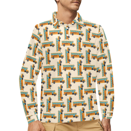 School Bus Print Design LKS305 Long Sleeve Polo Shirt For Men's
