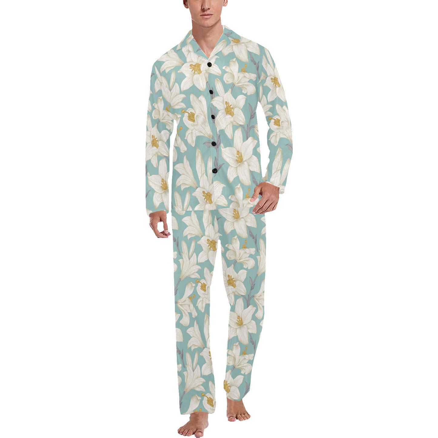 Lily Pattern Print Design 02 Men's Long Pajama Set