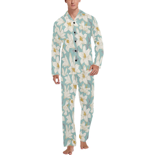 Lily Pattern Print Design 02 Men's Long Pajama Set