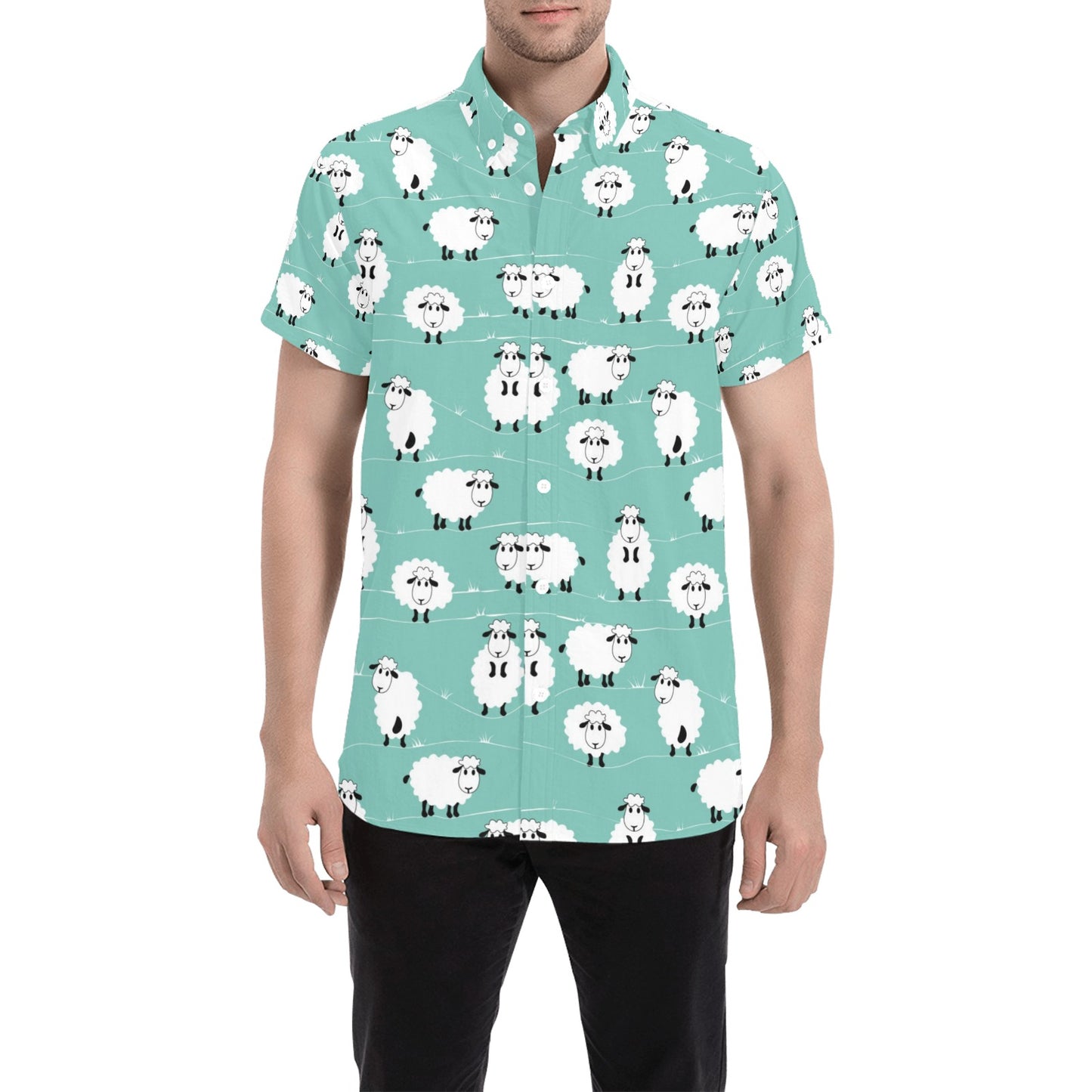 Sheep Print Design LKS404 Men Short Sleeve Button Up Shirt