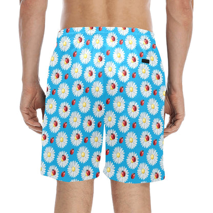 Ladybug with Daisy Themed Print Pattern Men's Swim Trunks Beach Shorts