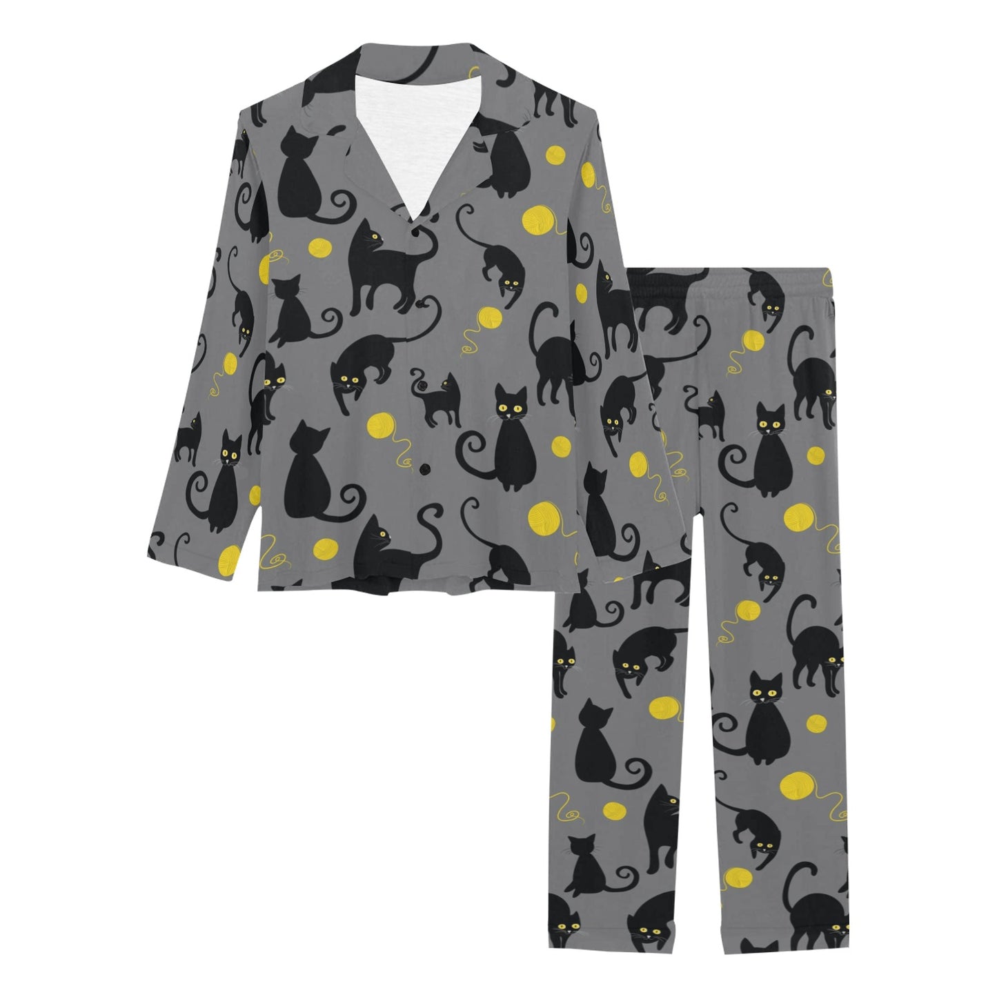 Black Cat Yellow Yarn Print Pattern Women's Long Pajama Set