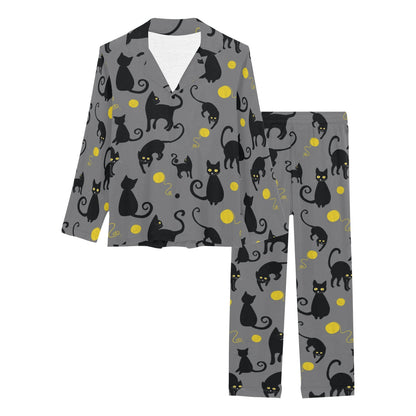 Black Cat Yellow Yarn Print Pattern Women's Long Pajama Set