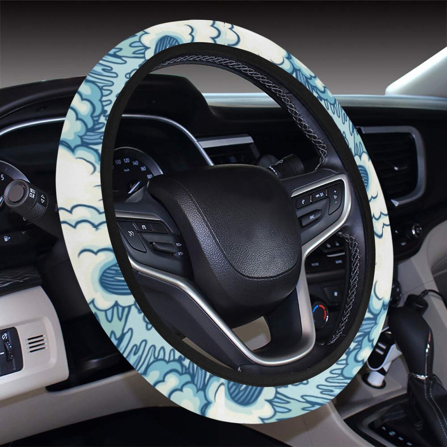 Wave Japan Style Print Design LKS304 Steering Wheel Cover with Elastic Edge