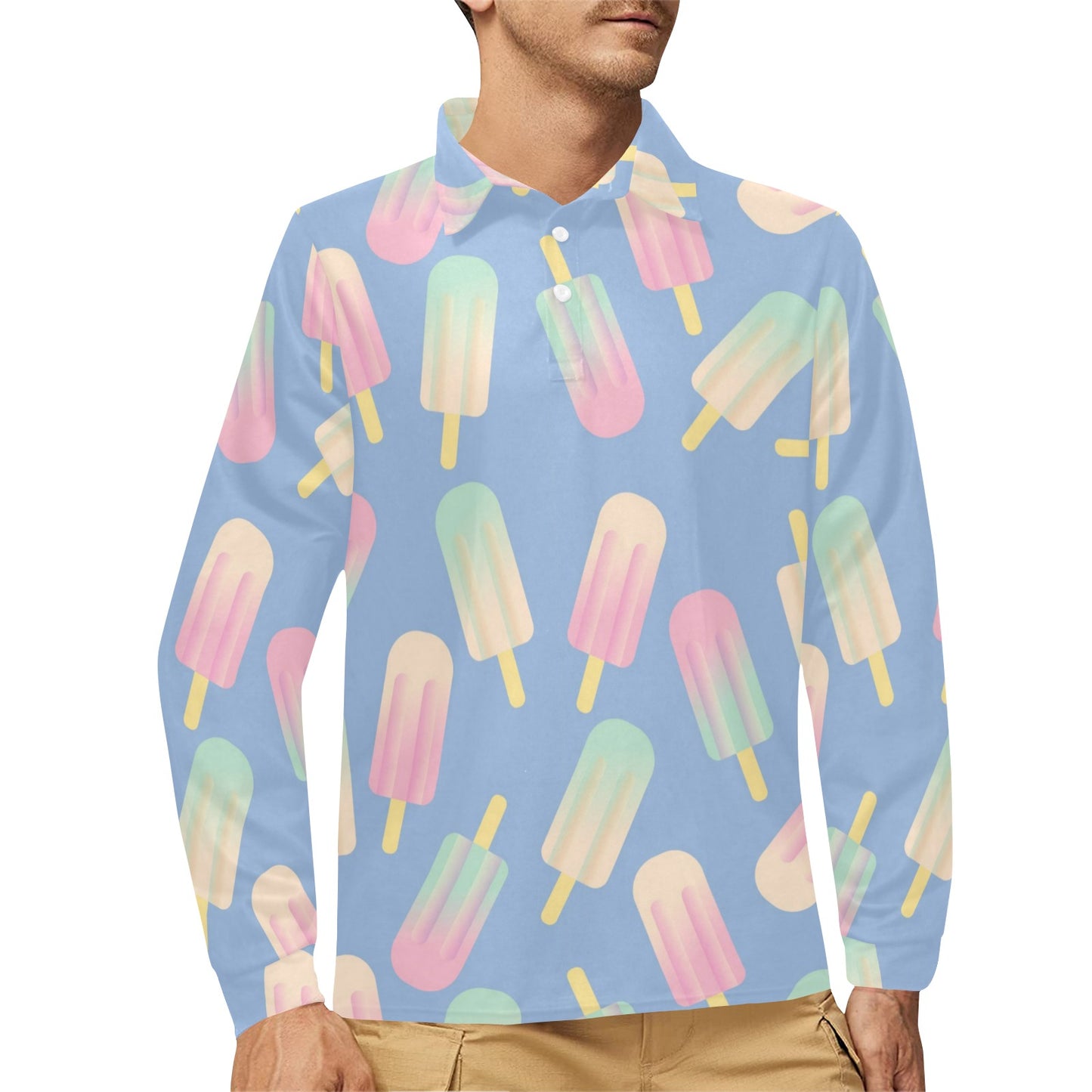 Ice Cream Pattern Print Design 05 Long Sleeve Polo Shirt For Men's