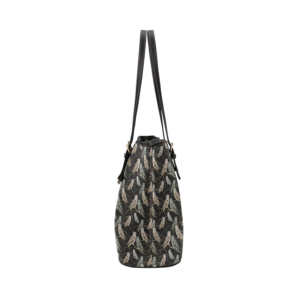 Owl Branch Themed Design Print Leather Tote Bag