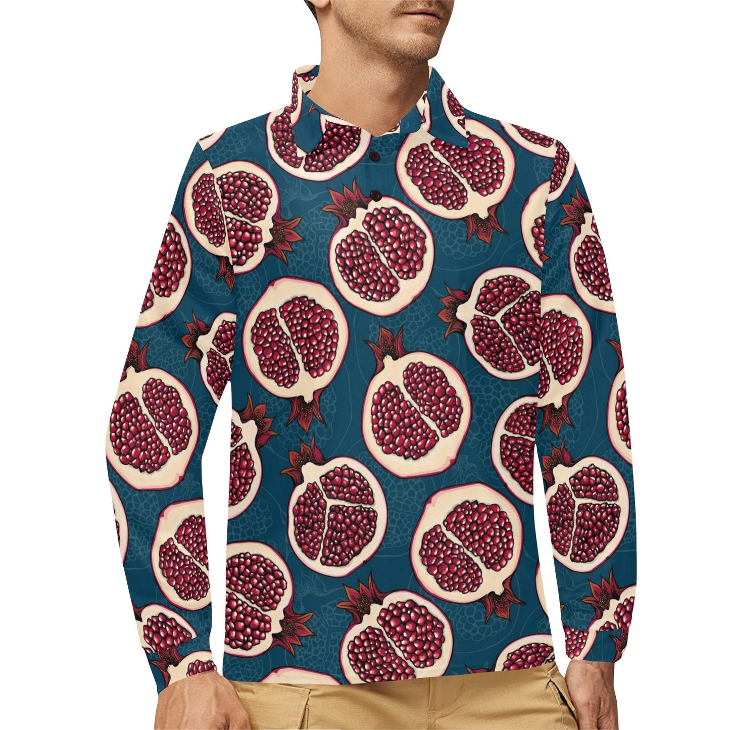 Pomegranate Pattern Print Design PG02 Long Sleeve Polo Shirt For Men's