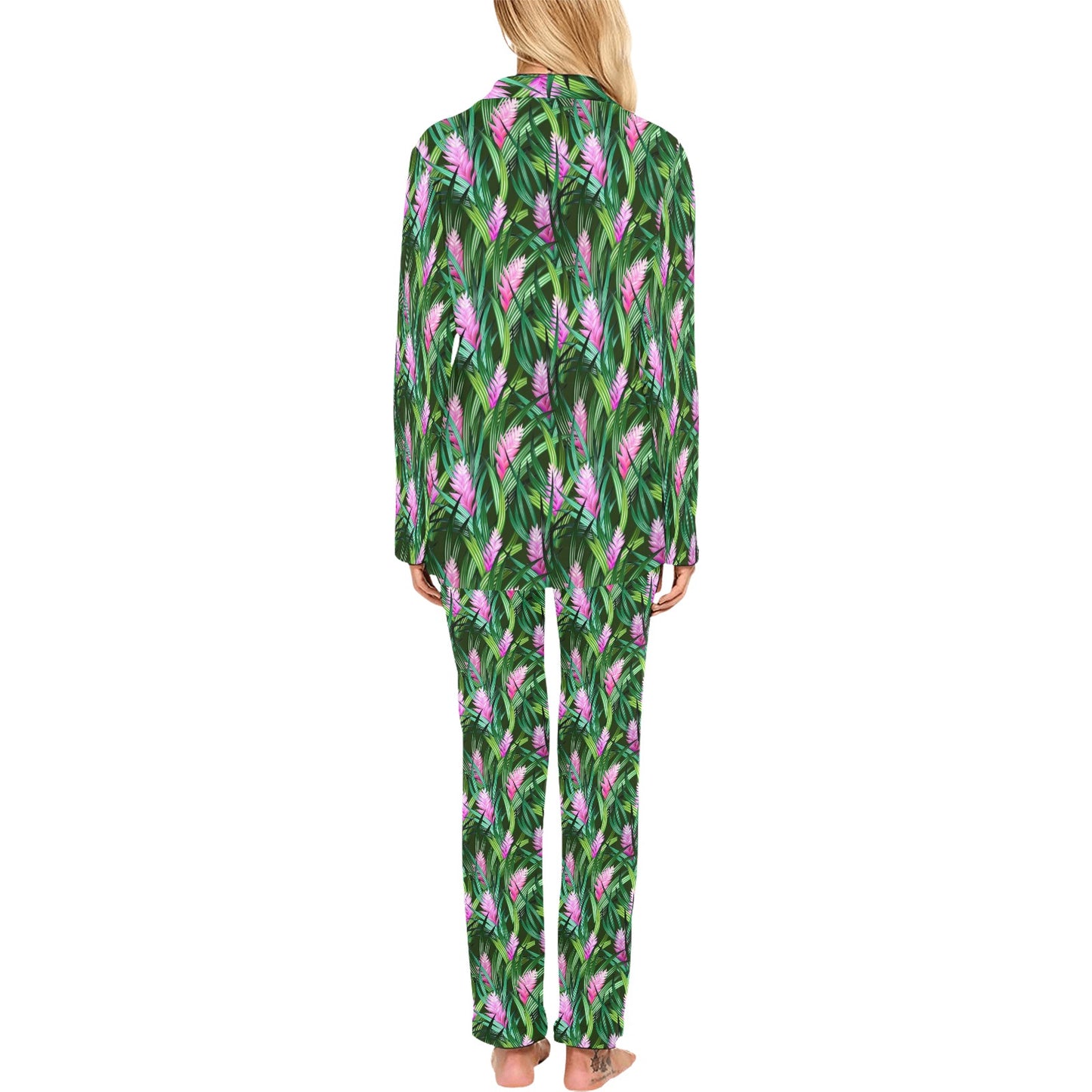 Tropical Folower Pink Heliconia Print Women's Long Pajama Set