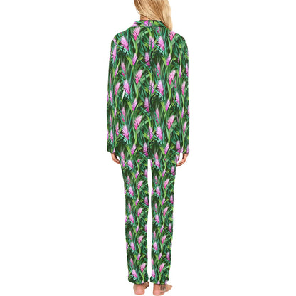 Tropical Folower Pink Heliconia Print Women's Long Pajama Set