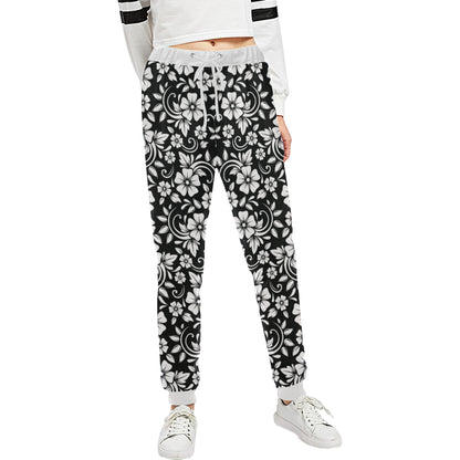 Floral Black White Themed Print Unisex Sweatpants