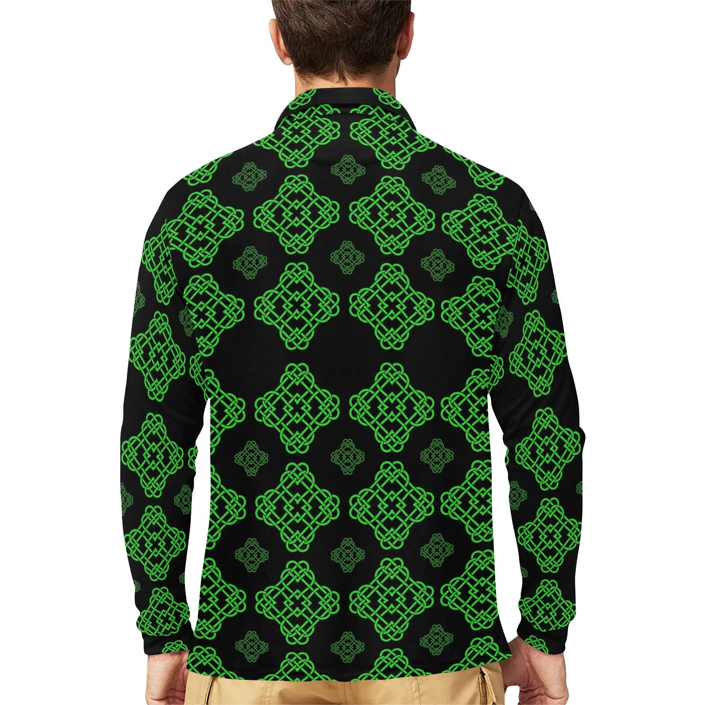 Celtic Knot Green Neon Design Long Sleeve Polo Shirt For Men's