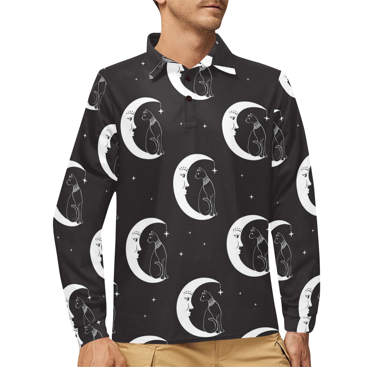 Moon with Cat Pattern Print Design 04 Long Sleeve Polo Shirt For Men's