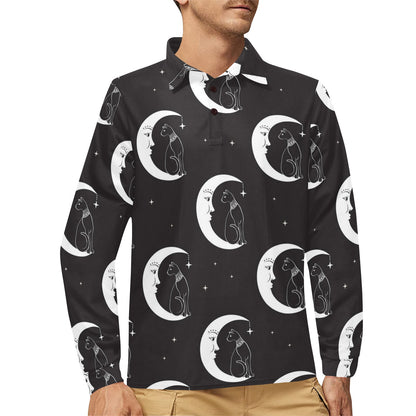 Moon with Cat Pattern Print Design 04 Long Sleeve Polo Shirt For Men's