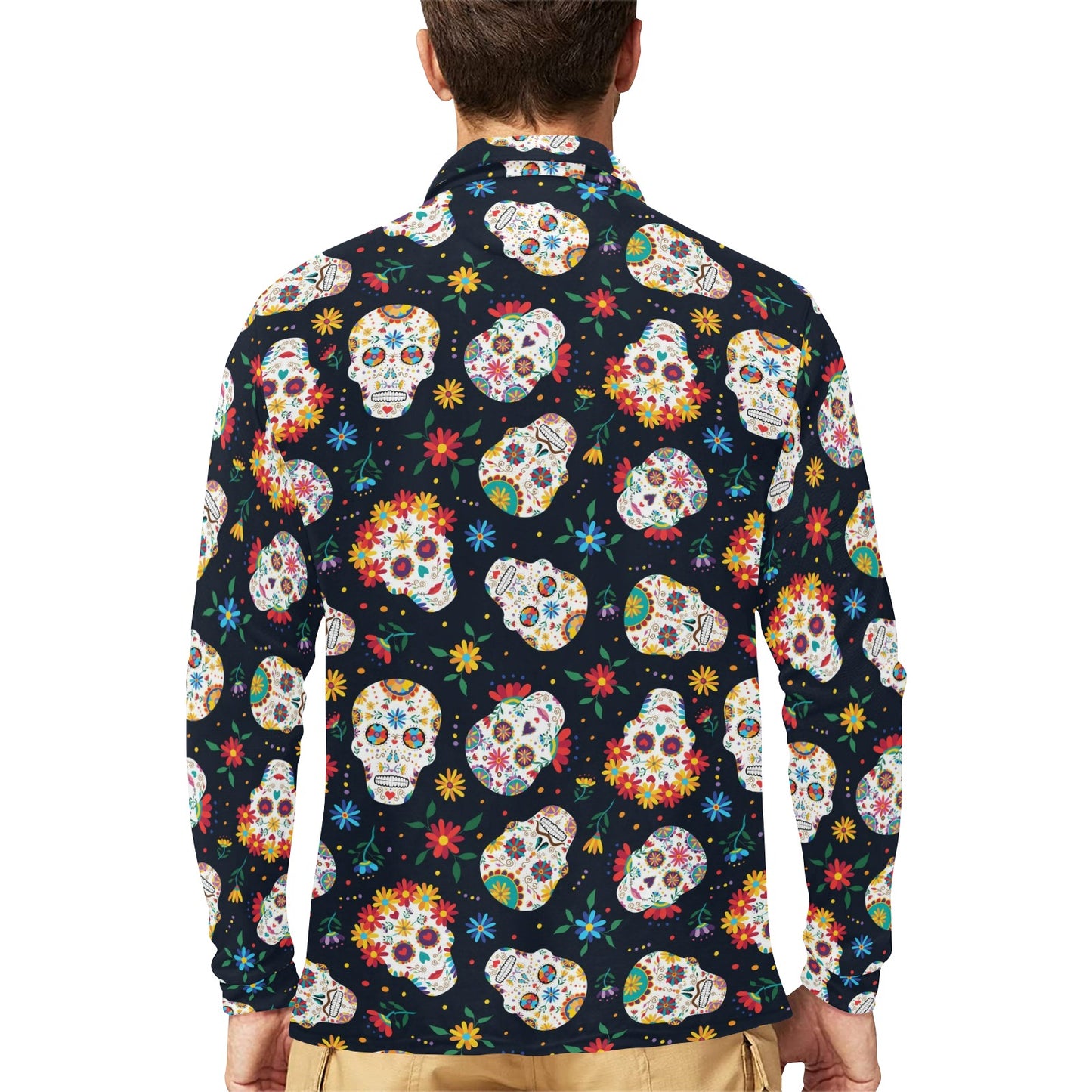 Sugar Skull Print Design LKS305 Long Sleeve Polo Shirt For Men's