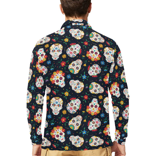 Sugar Skull Print Design LKS305 Long Sleeve Polo Shirt For Men's