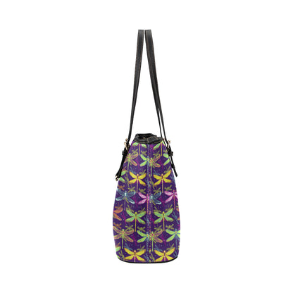 Dragonfly Neon Color Print Pattern Leather Tote Bag