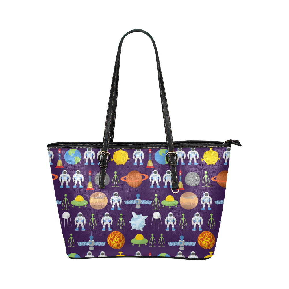 Alien Astronaut Planet Leather Tote Bag