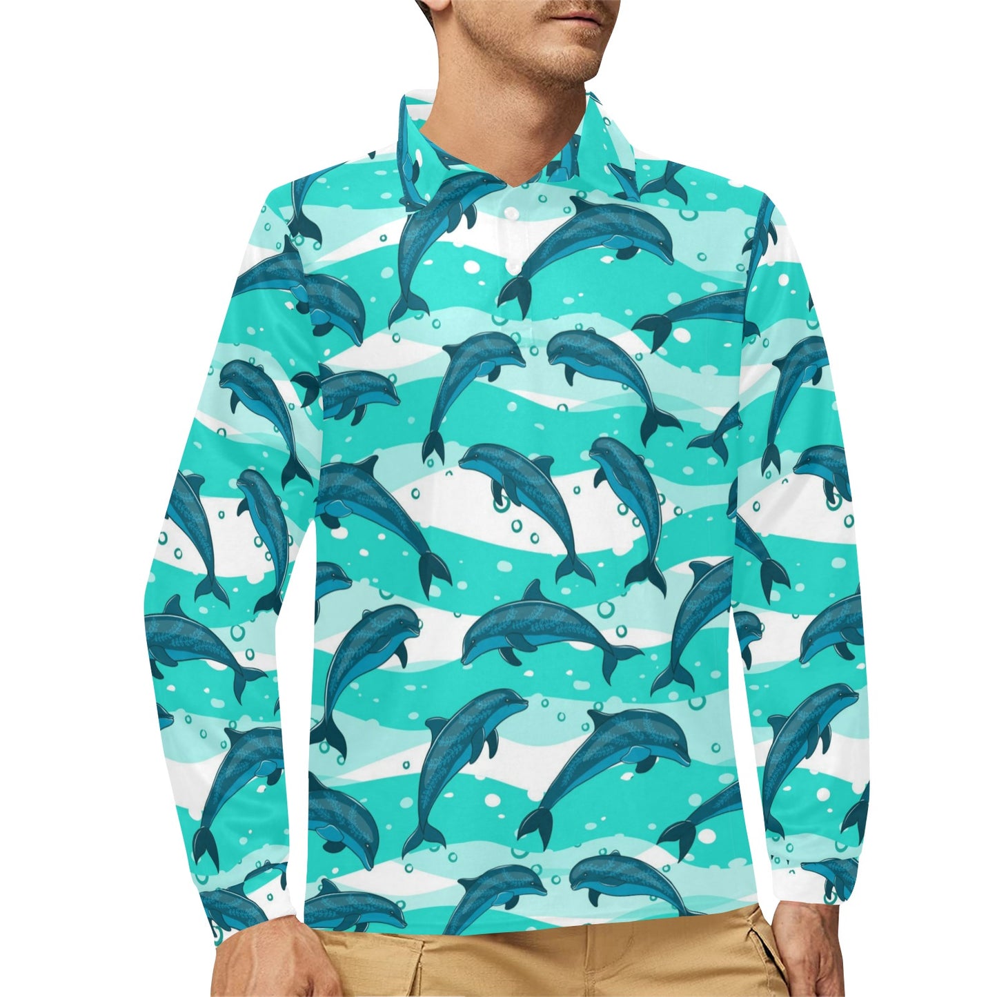 Dolphin Design Print Pattern Long Sleeve Polo Shirt For Men's