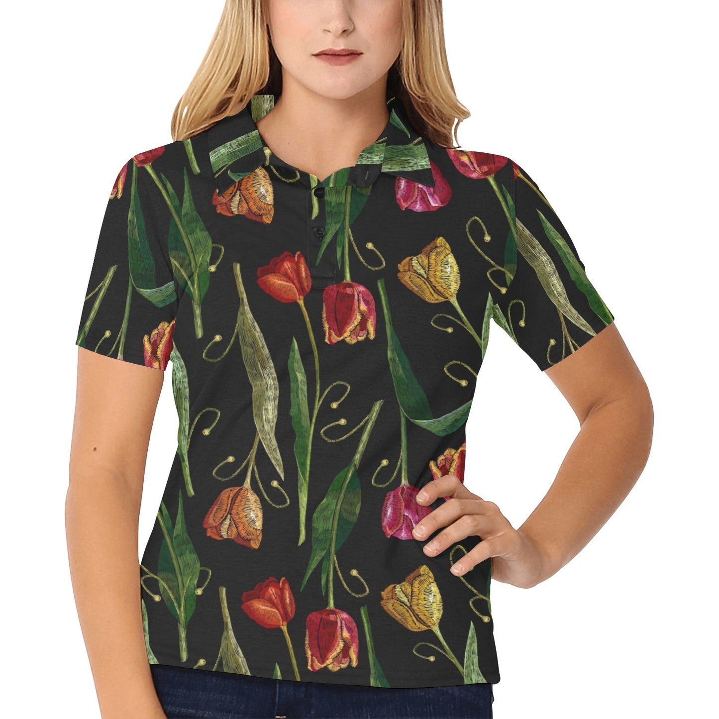 Tulip Embroidered Pattern Print Design TP01 Women's Polo Shirt
